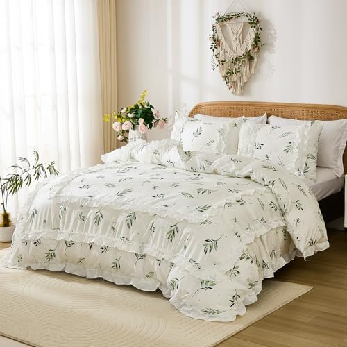 Herside Ruffled Duvet Cover 3 Pieces Soft Microfibre Bedding Set Double Cottage Chic Bedding Set Leaves Plant Printed All Season Quilt Cover with Zipper Closure Girls Home Decor Bedding Cover