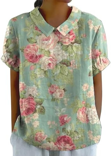 Womens Linen Tops UK Clearance 2025 Polo Denim Summer Tee Warehouse Deals Clearance Women's Linen Lapel Art Floral Round Neck Gifts Pullover Top Casual Shirt T-Shirts (01-G-Mint Green, XXL)