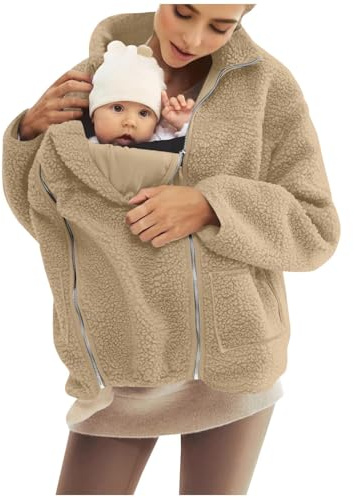SYDUZAX Umstandsjacke mit Babyeinsatz Warm Teddy Fleecejacke Umstands Baumwolljacke Winter Umstandsmode 2 in 1 Tragejacke mit Taschen Teddyfleece Winterjacke Flauschig Weich Plüschjacke große Größe