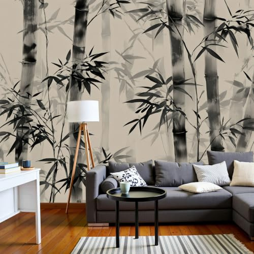 Papier Peint Panoramique 3D Plantes Peintes À L'Encre Orientale 350 X 256 Cm, Forêt De Bambous Zen Rétro Décoration Murale Salon Salle Enfants, Tapisserie Murales Papier Peint Pour Chambre, Brun