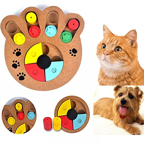 Cisixin Pet Intelligence Toy IQ Interactive Fun Hide and Seek Food Treated Train Dispensing Puzzle Wooden Toy for small or medium Dog Cat (Paw)