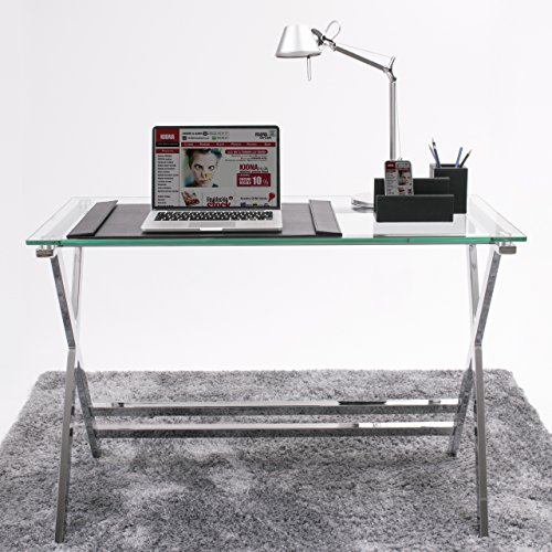 Homely - Mesa Escritorio Equis, Tapa de Cristal y Patas de Metal, de 110x55x76 cm