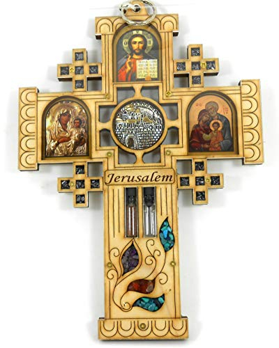 A Sher's creations Großes Jerusalem-Kreuz aus Holz, Wanddekoration, zum Aufhängen, Einweihungsfeier, orthodoxe, griechisch-christliche, religiöse Charm-Ikone, Geschenk, Heilwasser, Erde