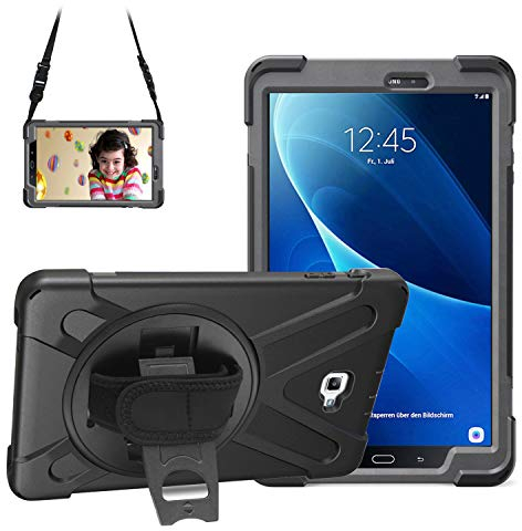Gerutek Hülle für Samsung Galaxy Tab A6 10.1 Zoll 2016 (SM-T580/SM-T585) Stoßfeste Robust Panzerhülle mit Drehbar Stände Handschlaufe Schultergurt, Schutzhülle für Galaxy Tab A T580 10.1 Zoll, Schwarz