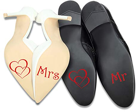 Aufkleber Set für Hochzeitsschuhe Schuhsticker Hochzeit Trauung Schuhe Heiraten Sticker Folie Selbstklebend Sprüche Symbole (Rot Glanz, K125 K126 Mrs Mr)