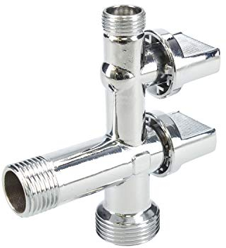 Fontastock FSKFAB103 Llave de escuadra individual para regulación del agua 1/2”–3/8”-3/4” con 2 salidas, para cisterna wc, lavabo, bidé o fregadero y lavadora o lavavajillas, cierre con 1/4 de vuelta