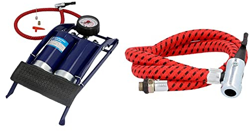 Cartrend 10942 Fußluftpumpe, Doppelzylinder-Design, Luftpumpe mit Druckmesser, Wechseladaptern, bis 7 bar Luftdruck, mit TÜV/GS & 10974 Ersatzschlauch für Fußluftpumpe, Multi-Colored, 0