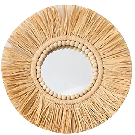 MIORIO Espejo de Pared Colgante de Paja Tejida marroquí Boho Macrame Tapiz de Cuentas de Madera decoración
