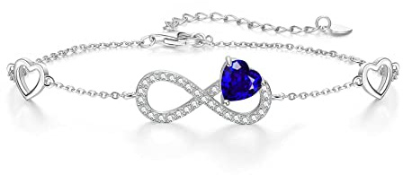 Qings Infinity Unendlichkeit Herz Armband Damen 925 Sterling Silber September Saphir Geburtsstein Armbänder Verstellba Blau Edelstein CZ Armreif Love Armkette Schmuck Geburtstagsgeschenk für Mädchen