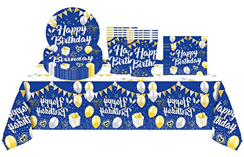 Blue Happy Birthday Party Decorations Tableware Set for Men,Women,Boys,Girls,31Pcs Disposable Birthday Dinnerware - Plastic Tablecloth,Paper Plates,Napkins,Cups for Him,Her Birthday Party Supplies