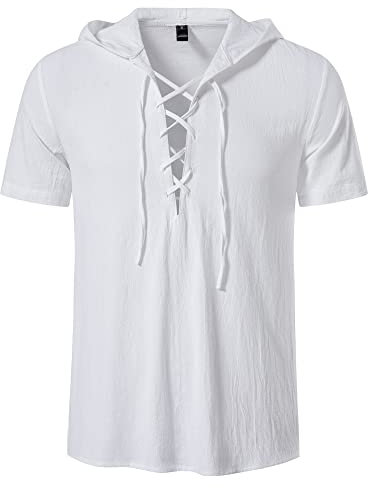 Mens Hooded Lace up Shirts Summer Regular Fit Short Sleeve Hoodies Smart Casual Lightweight Cotton Beach Hood T Shirt Tops-White-XL