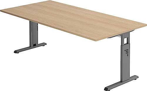 bümö höhenverstellbarer Schreibtisch O-Serie 200x100 cm in Eiche, Gestell in Graphit - großer PC Tisch für's Büro manuell höhenverstellbar, Computertisch verstellbar