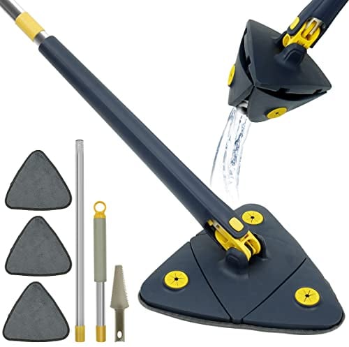 Mopa Triangular Ajustable Telescópica Giratoria 360° con Presión de Agua Automática y 4 Paños para Limpieza Fácil de Paredes, Pisos y Esquinas de Techo