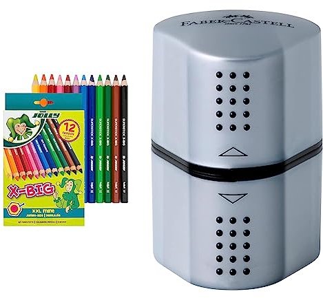 JOLLY X-BIG Buntstifte | 12 Extradicke Farbstifte | Extrem Bruchsicher und Langlebig | Ungiftig | 12 Stück im Kartonetui & Faber-Castell 183800 - Dosenspitzer Grip