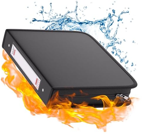 ZOOPIP Feuerfestes 3-Ringbuch mit Reißverschluss, 3,8 cm D-Ringe für bis zu 375 Blatt à 21,6 x 27,9 cm (A4), kompatibel mit transparenten Seitenschutzen, integriertem Netz und Stifthalter (schwarz, 1