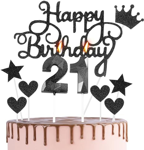 HONGCI Happy 21st Birthday Cake Topper & Candles - Black Number 21 for Cake Decorations - Cupcake Topper for Girls Boys