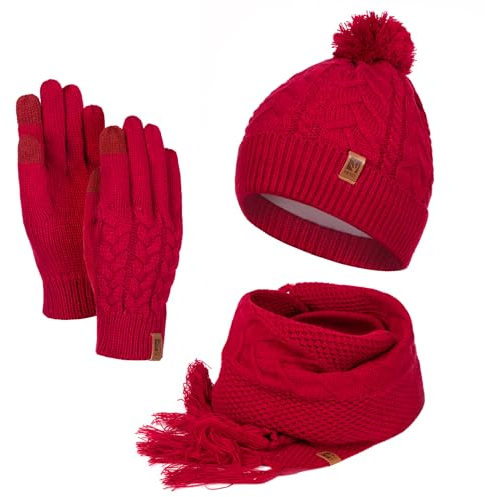 HEYO Damen Mütze Schal Winter Set | Gefütterte Strickmütze mit Bommel | Winterschal mit Fransen | Touchscreen Handschuhe (Weinrot)