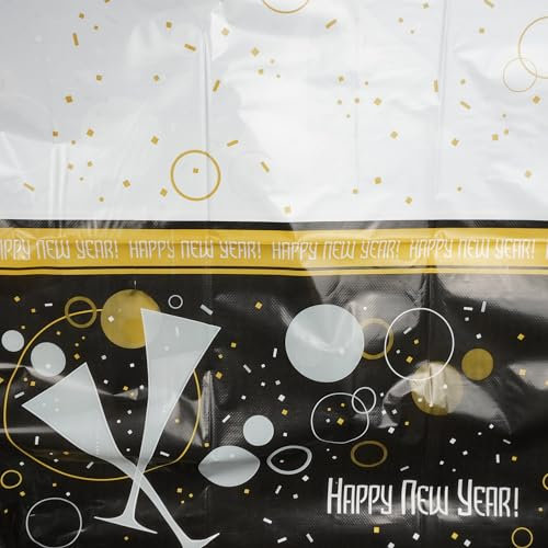 WedDecor Einweg-Kunststoff-Tischdecke, Happy New Year, abwischbar, wasserdicht, Party-Tischdekoration für drinnen und draußen, Party, Picknick, Abendessen, 137,2 x 213,4 cm (rechteckig), Schwarz