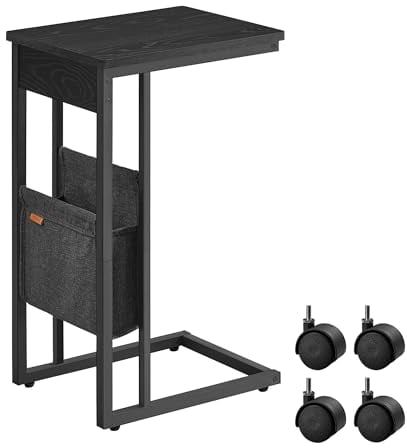 VASAGLE C-Shaped Side Table, Bedside Table, End Table for Small Spaces, with Fabric Storage Bag, Includes Adjustable Feet and Swivel Castors, Living Room, Ebony Black LET357B56