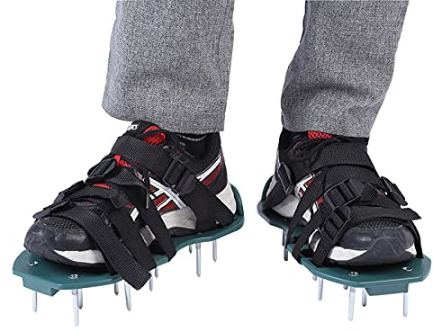 Yosoo Health Gear Lawn Aerator Sandals Green Black Adjustable Strap | Grass Spike Shoes Open Compacted Soil, Nylon Band PP Sole, Robust Aerator for Lawn Garden Yard, 26 Spikes