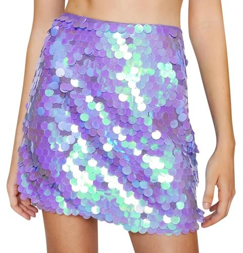 Bauchtanz Hüftrock über dem Knie Pailletten Meerjungfrau Hüfte Schal Wrap Rave Karneval Kostüm für Frauen Glänzender Pailletten-Sommerrock Glitzernd A Linie Rock figurbetont Disco-Pailletten Clubrock