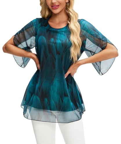 OKSakady Frauen Sommer Bluse Plissee Chiffon Lose und Fließende Modal Gefüttert Doppelschichtige Top Elegante und Casual Shirt mit Blumen