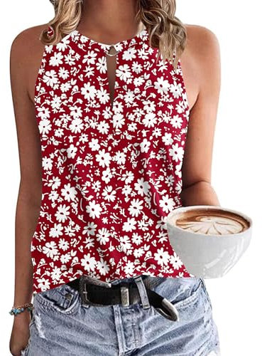WNEEDU Canotta da Donna Canotta Estiva Senza Maniche Canotte Sexy con Scollo a V Camicie da Spiaggia Casual Camicetta Top Fiore Bianco Rosso M
