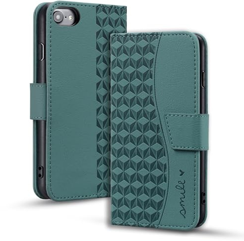 LOLFZ for iPhone 6/6S/7/8/SE 2020/SE 2022 Case, Flip Folio Wallet Case with Card Holder Kickstand Magnetic Closure PU Leather Protective Phone Cover - Green