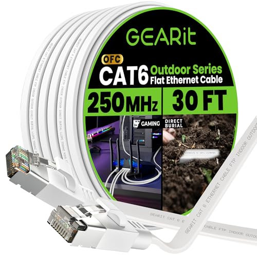 GEARit Cat 6 Outdoor Flat Ethernet Cable (30ft, White) Direct Burial Rated LLDPE Jacket - Indoor Cat6 Shielded FTP 10Gbps High Speed Gaming Computer Network RJ45 Snagless Patch Cord Internet