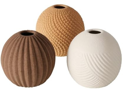 ReWu Vasen Tedros 3er-Set Bauchförmig Braun Weiß Creme Wohndekoration Dekoration Tischdekoration Decor Modern Matt Keramik 11 x 11 cm