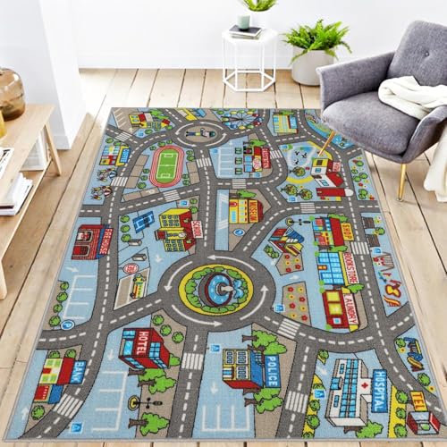 Capslpad Autoteppich Kinder 100x160cm rutschfest Kinderteppich Stadtplan Interaktive Spielteppich Waschbar Kreativ Pädagogisch Spielmatte für Kinder Teenager Kinderzimmer Spielzimmer Dekor,Hellblau