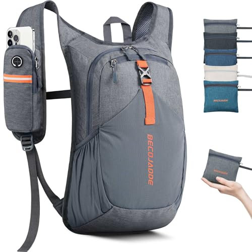 BECOJADDE 15L Wanderrucksack Herren Kleiner Rucksack Damen Leichter Daypack Tagesrucksack Faltbarer Trekkingrucksack für Camping Outdoor Wandern Travel Grau