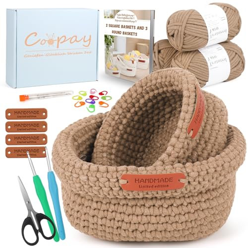 Coopay Häkelset für Anfänger – 2 Größen quadratischer Körbe, Schnittmuster, Wolle, DIY zum Lernen