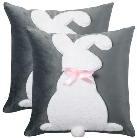 Tosleo 2 Stück Kissenbezug Ostern 45 x 45 cm Weißes Kaninchen Dekorative Grau Samt Kissenhülle Zierkissenbezüge Osterdeko Modern für Sofa Schlafzimmer Wohnzimmer Zuhause Garten Dekoration