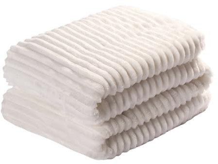 OHS Throw Ribbed Fleece Blanket, Soft Warm Comfy Ribbed Texture Decorative Timeless Design Fluffy Fleece Blanket for Bed & Sofa Throw Over, 125 x 150cm - White