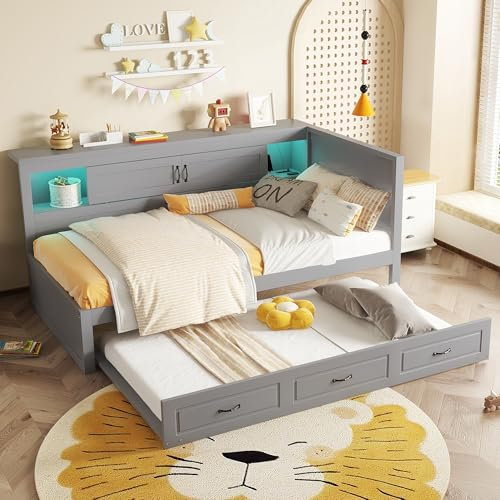 ModernLuxe Schlafsofa Daybett für Kinderzimmer 90x200 cm mit Ausziehbett und USB, Ferngesteuerte Ambientebeleuchtung, Bettseitiges Staufach, Tagesbett, Ohne Matratze, Grau