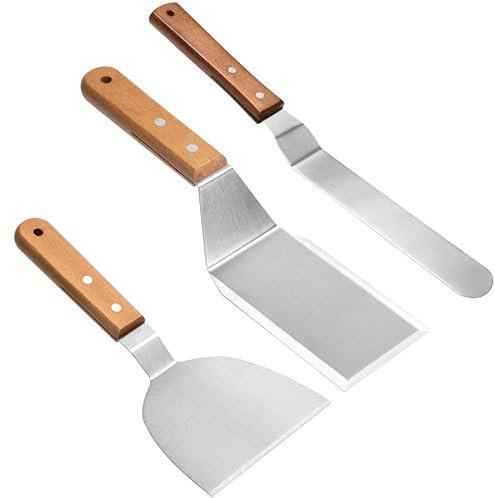 Elalove Set de 3 Spatules Professionnelles pour Plancha Poignée en Bois - Spatule à Steak en Acier Inoxydable 26cm avec Grattoir et Spatule Courbe, Argent