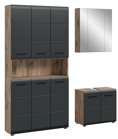 xonox.home – 3 TLG. Kompakte Badkombination Ice 165x185x30 cm in Korpus Nox Oak Nachbildung und Front schwarz matt – Stilvolles Möbel-Set für Moderne Badezimmer – pflegeleicht & funktional