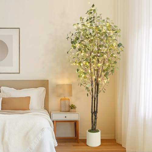 Garvee Künstlicher Eukalyptusbaum Indoor Mit 100 LED Lichtern,210 cm Kunstpflanzen Groß Kunstbaum Im Topf Für Indoor Outdoor Home Schlafzimmer Büro Garden Dekoration