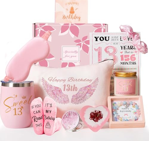 10 -pcck 13th Birthday Gift Basket for Girls – Happy 13th Pamper Gift Set for Daughter, Niece, Granddaughter, Sister, Best Friend, Teens – Unique and Cute Birthday Hampers for Her (10th-16th) (13th)