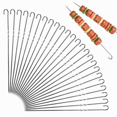 25 Stück Grillspieße Edelstahl, 30cm Schaschlikspieße 30cm Lange Schaschlikspieße, Wiederverwendbare und Robuste Metallspieße für BBQ, Fleisch, Gemüse und Mehr