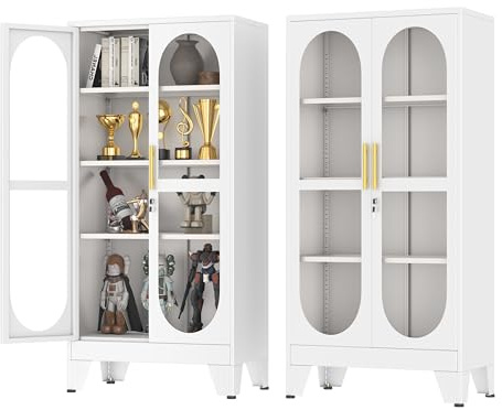 Generisch 155cm hoher schließbarer Vitrinen-Schrank mit Glastür,metallene Kuriositäten-Schränke mit 3 verstellbaren Regalen,hoher Weinschrank-Ausstellungsgehäuse für Wohnzimmer,weiß