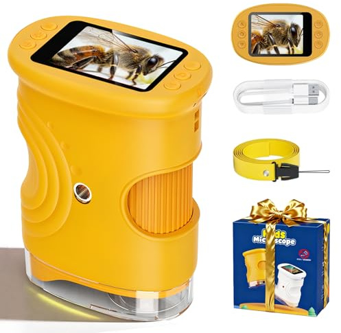 Mikroskop für Kinder, 1000x Digital Mikroskop, Taschenmikroskop Experimente für Kinder ab 6, Kindermikroskop mit 8 LED-Beleuchtung, 2,0 IPS-Bildschirm, USB-Ladefunktion inkl Fotofunktion, Gelb