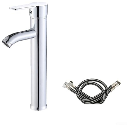 Badezimmer-Einhandarmatur mit 60 cm Schläuchen, Edelstahl-Design, geeignet für Warm- und Kaltwasserversorgung in Waschbeckenanwendungen, unterstützt mehrere Waschbeckenarten (Silber)