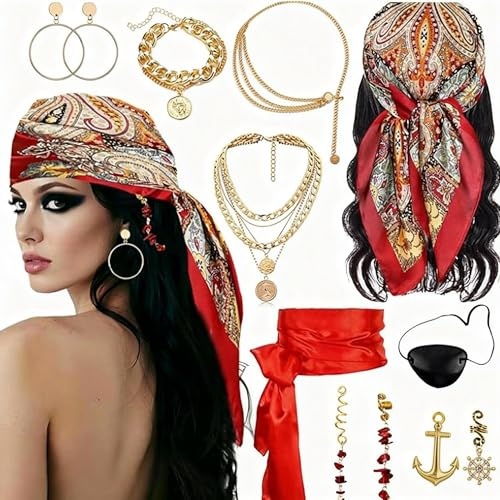 11-Teiliges Piraten Accessoires Set Für Erwachsene, Inkl. Kopftuch, Halskette, Ohrringe & Haarschmuck Für Karneval, Fasching, Halloween Kostüm (11-teiliges Set)