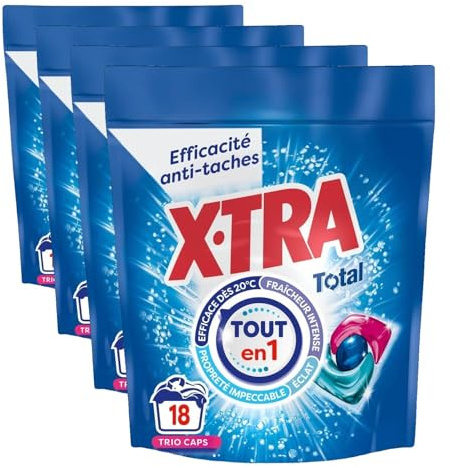 X-Tra Total, Lessive capsule, Trio-Caps, Total 4+1, Proprete, Eclat, Fraicheur, Engagé pour vous, Economique, Efficace des 20°C, 100% hydrosoluble, 18 lavages (Lot de 4)