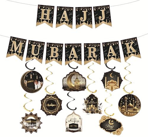 Hajj Mubarak Deko Set (S), Banner mit Spiralen Schwarz Gold – Wimpelkette (2-reihig) mit Spiral-Hängedekoration, islamische Party Deko für Zuhause (Hajj S)