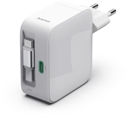 Schnellladegerät, GaN, 2X USB-C, ausziehbares Ladekabel, PD, 65 W, Weiß