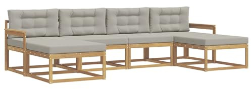 vidaXL Outdoor-Sofagarnitur mit Kissen 6 pcs Weiß und Hellgrau, Moderne Akazien-Gartenmöbel, wetterfester Sofa-Set, stylische Sitzgelegenheit für Terrasse und Pool