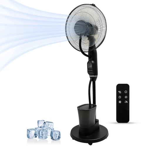 OZAVO Standventilator mit Wasserkühlung, Stand-Ventilator Frosty mit Wasser, Ventilator inkl. Sprühnebel, Fernbedienung 3 Geschwindigkeiten Timer und Oszillierend, Luftkühler Nebelfunktion, Schwarz